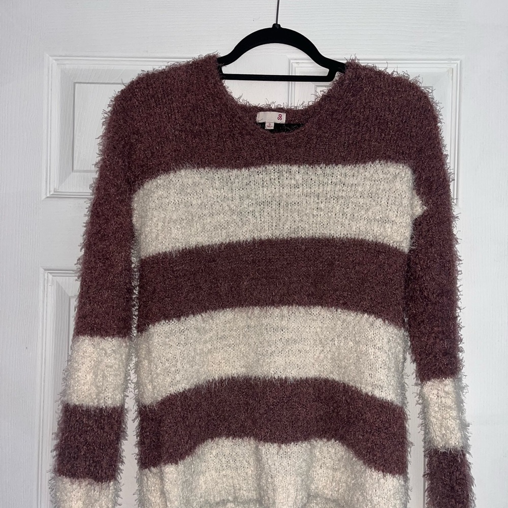 So. Cozy Striped Sweater - Maroon and White